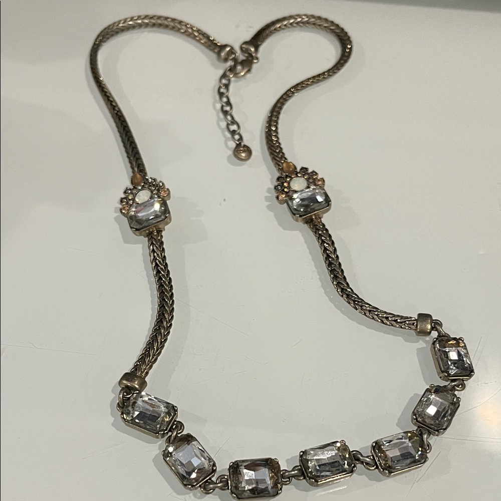 Ann Taylor Loft silver-toned necklace with clear and milky rhinestones.